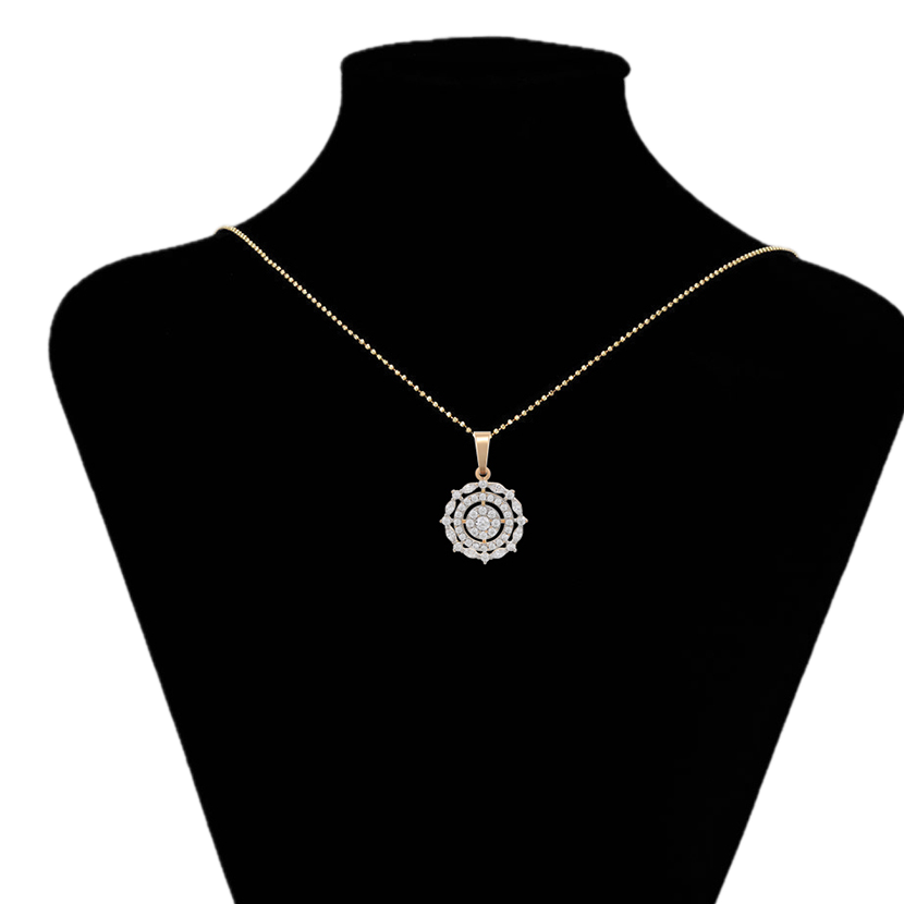 Gold necklace with a pendant on a black mannequin bust, branded 'Xupin'.