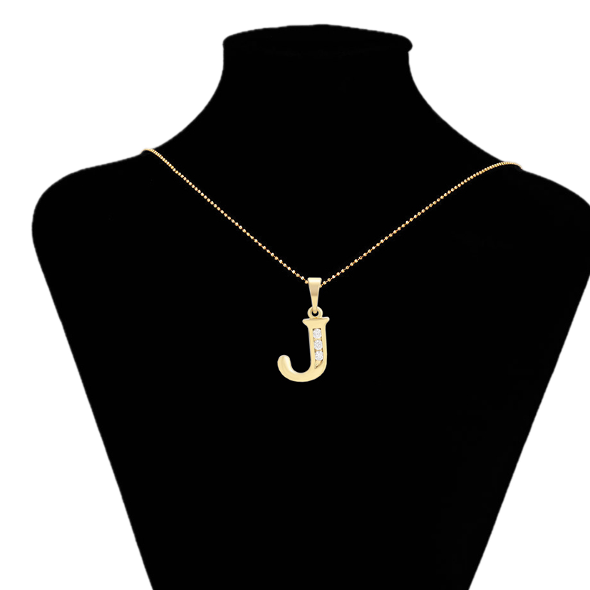 Gold necklace with a 'J' pendant on a black mannequin bust, brand 'Xuping' visible.