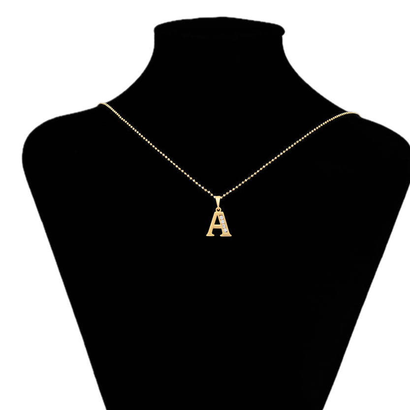 Gold necklace with a 'A' pendant on a black mannequin bust, brand 'Xupin' visible.