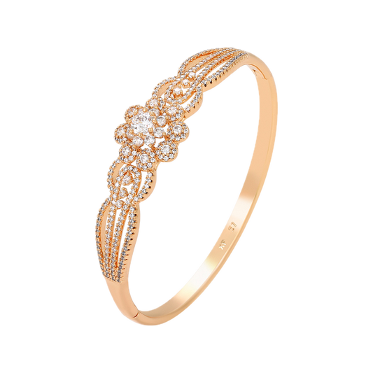 Vastara – 18K Gold Plated Wide Luxury Bangle with White Cubic Zirconia | Premium Statement Bracelet for Women