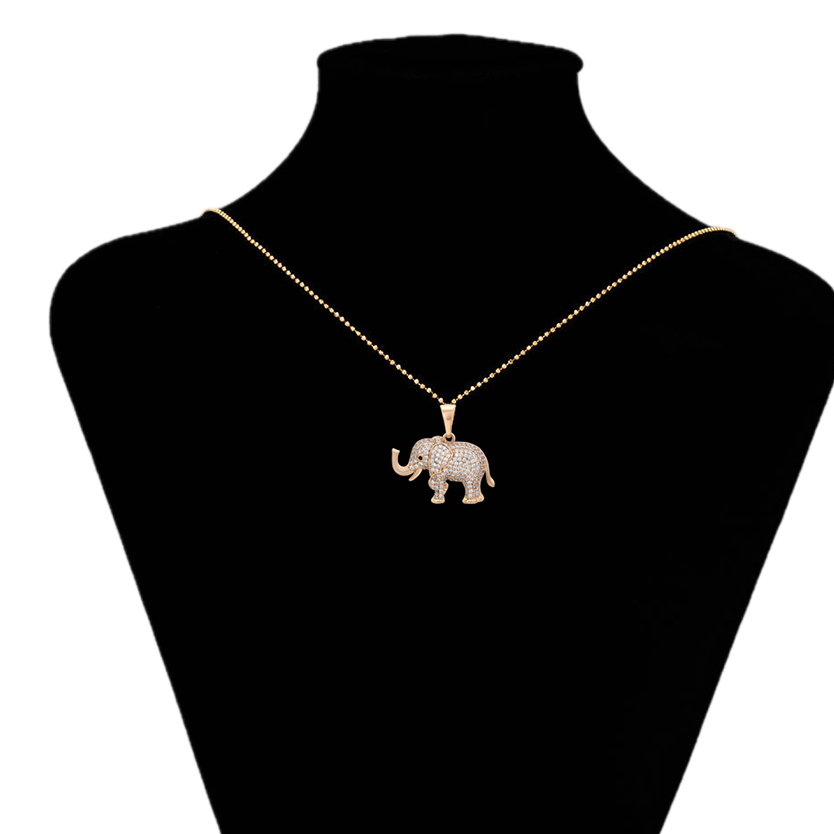 Gold necklace with an elephant pendant on a black mannequin bust, branded 'Xupin'.