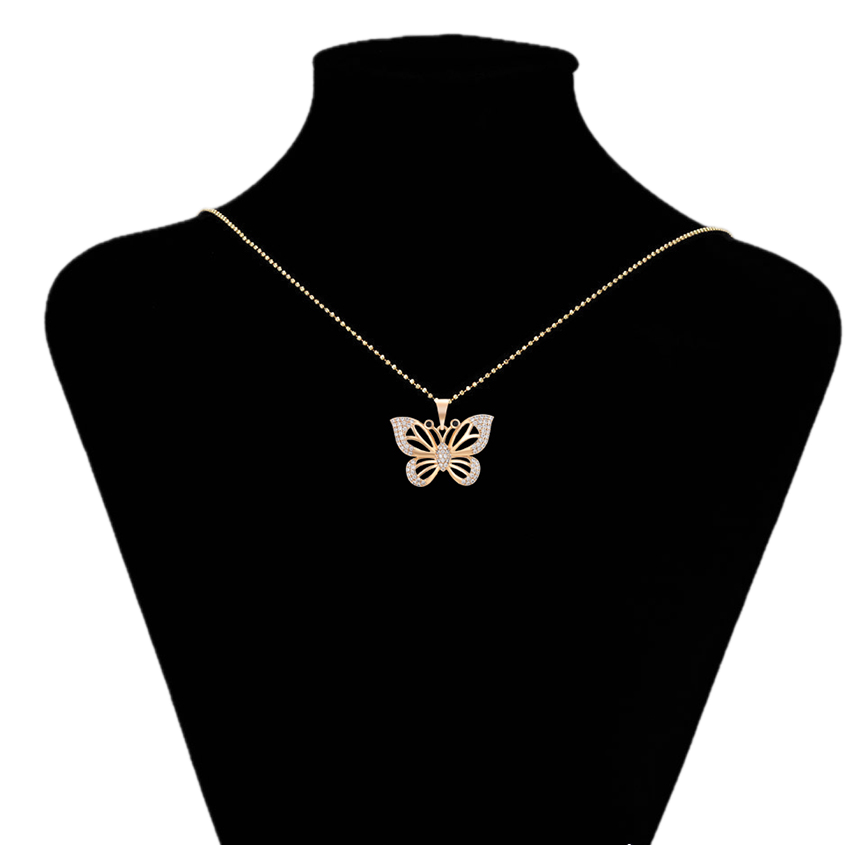Butterfly pendant necklace on a black mannequin bust with 'www.xupix.com' branding.