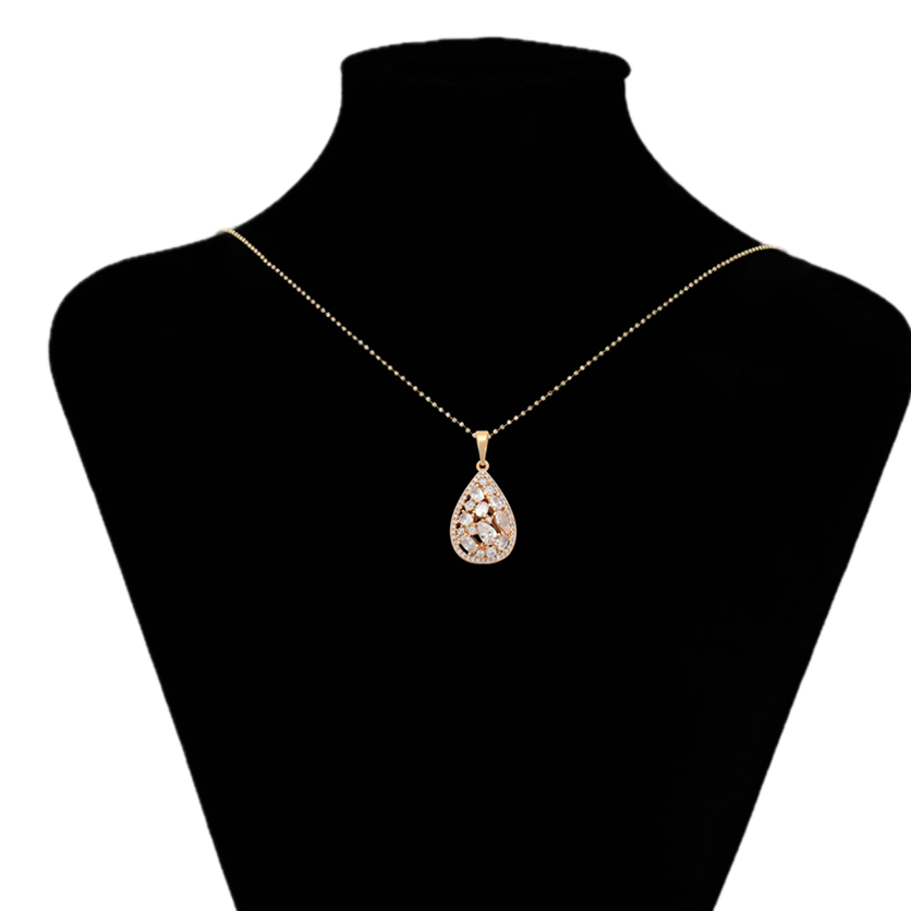 Necklace with a teardrop-shaped pendant on a black mannequin bust, branded 'Xuping'.
